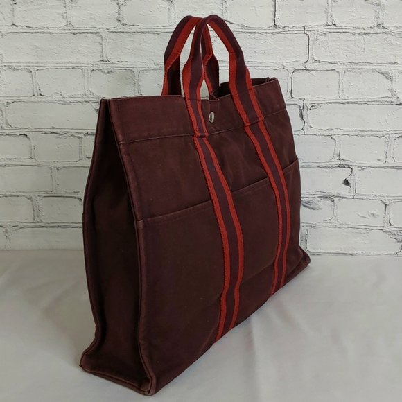 'HERMES-PARIS' 'FOOL TOE BASAS' LARGE PINSTRIPE DOUBLE STRAP CANVAS BAG - Picture 2 of 16
